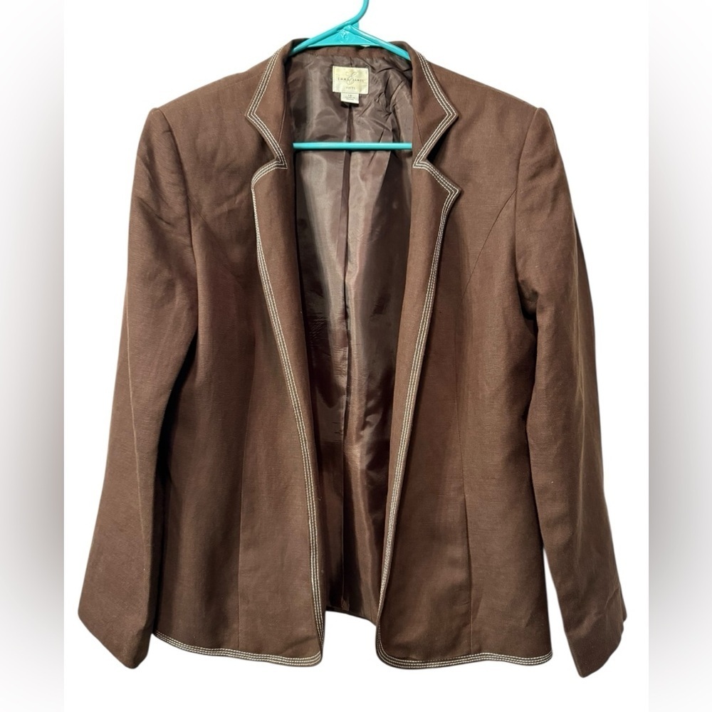 Womens Linen jacket by Emma James in brown & lined open front Size 12